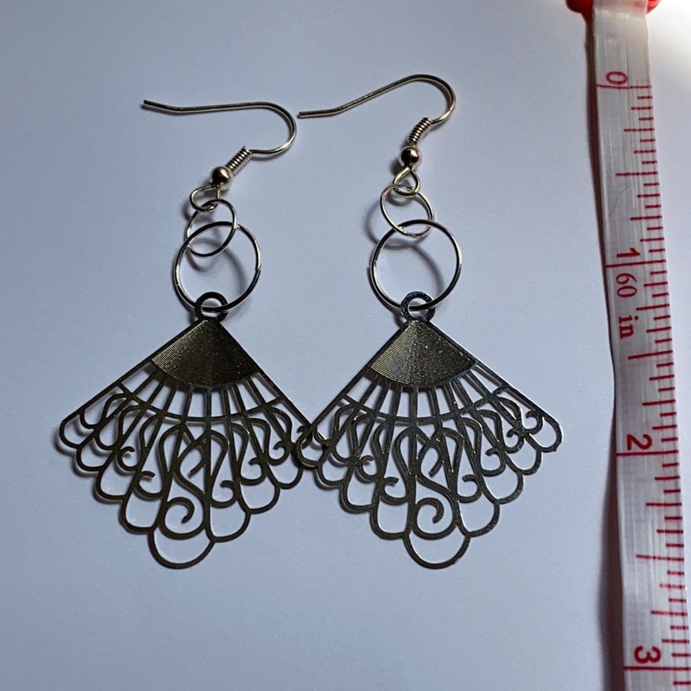 New! Laser Cut Silver Fan Earrings Thin Dangle - Picture 4 of 5